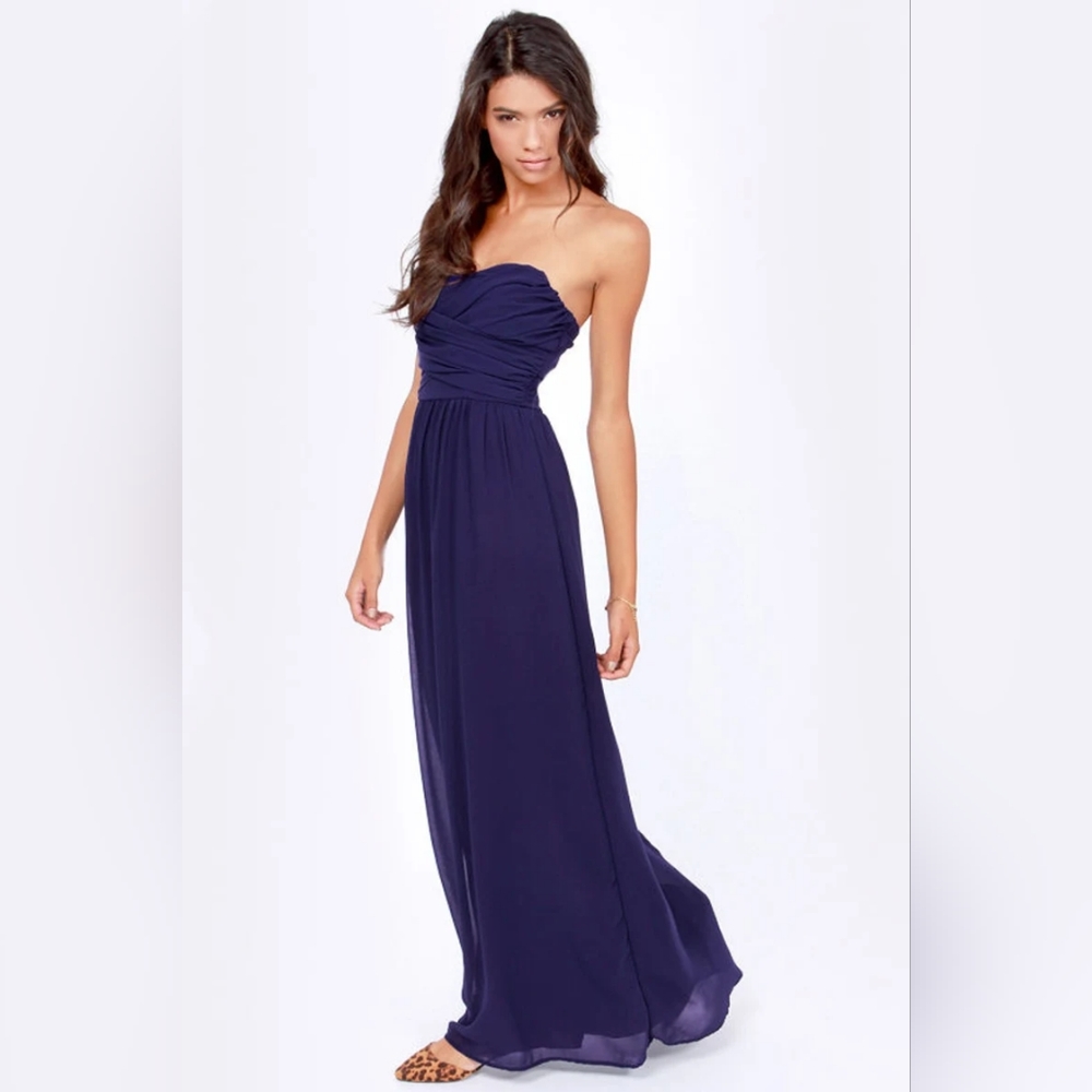 LULUS Slow Dance Strapless Navy Blue Maxi Dress Chiffon Sweetheart Size Large